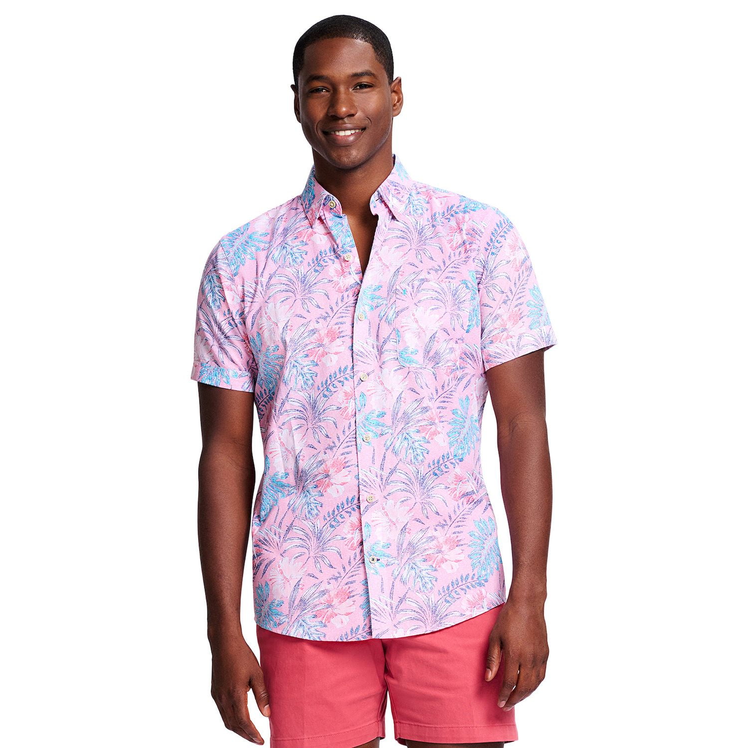 Men's IZOD Saltwater Dockside Chambray Short Sleeve Button-Down Shirt  Color: Peony Size: M - Walmart Business Supplies