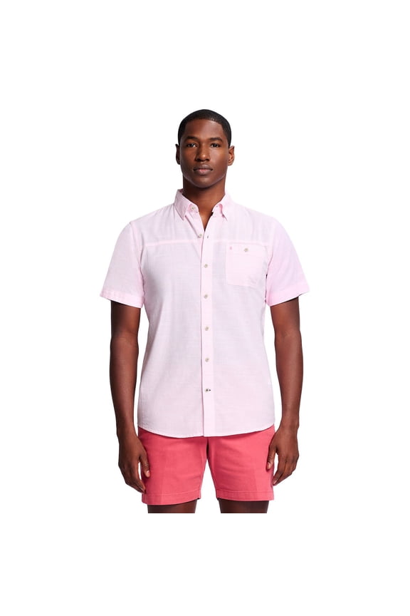 Men's IZOD Saltwater Dockside Chambray Short Sleeve Button-Down Shirt Color: Peony Size: M