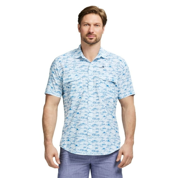 Men's IZOD Sunshield Performance Button Front Shirt Color: Blue Fish Size: XL