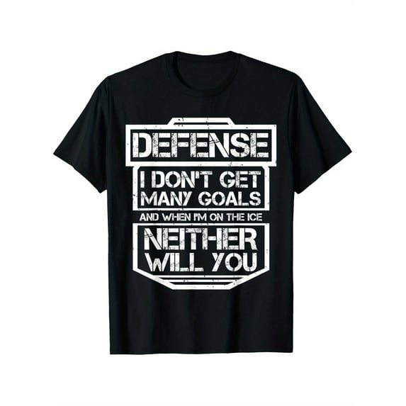 Men's Ice Hockey Graphic T-Shirt - Funny "Defense" Quote, Black Casual Sport Lover Tee, Short Sleeve, 100% Cotton, Machine Washable, Perfect for Fans & Players