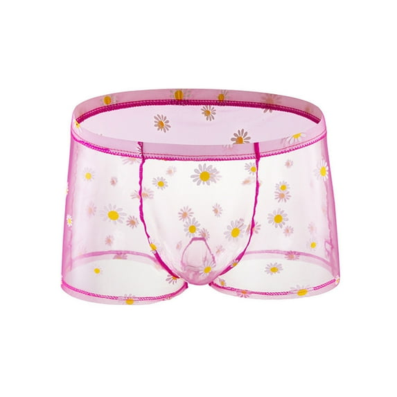 Men's Ice Silk Boxer Briefs Sexy Transparent Mesh Daisy Print Breathable Moisture-Wicking Bulge Enhancing Lingerie for Men