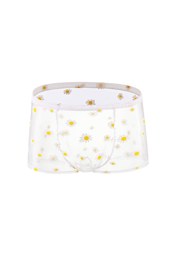 Men's Ice Silk Boxer Briefs Sexy Transparent Mesh Daisy Print Breathable Moisture-Wicking Bulge Enhancing Lingerie for Men