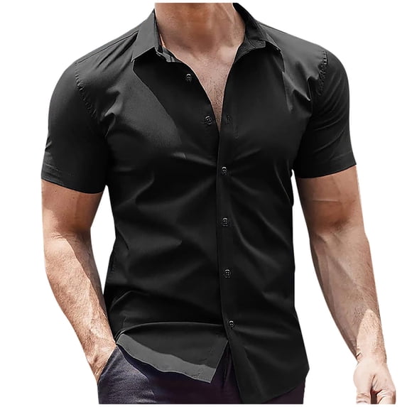 Men's Ice Silk Business Shirt Anti-Wrinkle Quick-Drying Solid Tee Short Sleeve Lightweight Casual Work Tops