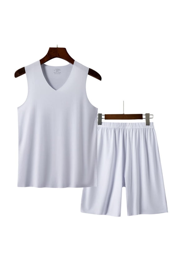 Men's Ice Silk Cool Pajamas Set Workout V Neck Tank Top Pjs Sets with Shorts 2 Piece Soft Sleeveless Casual Sleep Shirts Loungewear L-4XL White