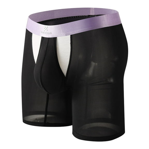 Men's Ice Silk Long Leg Boxer Briefs - Low Rise Side-Slit Anti-Abrasion Sports Breathable Underwear, Moisture-Wicking Double-Layer Pouch Trunks