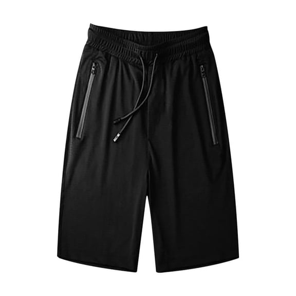 Men's Ice Silk Quick Dry Shorts Drawstring Elastic Waist Solid Shorts with Zipped Pockets for Outdoor Black L