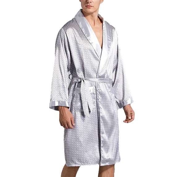 Men’s Ice Silk Spa Robe Plus Size Long Bathrobe Lace-Up Adjustable Nightgown Pajama Lounge Warm Thermal Sleepwear Loungewear with Double Pockets for Mens