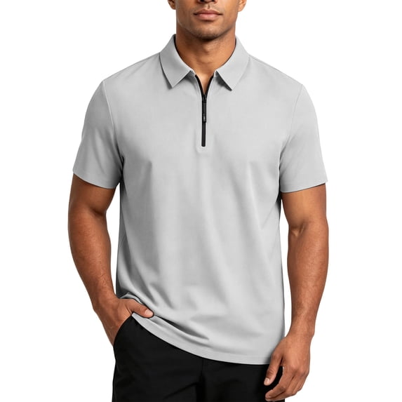 Men's Ice Silk Zipper Collar Polo Shirts Wrinkle Free Casual Short Sleeve T Shirts