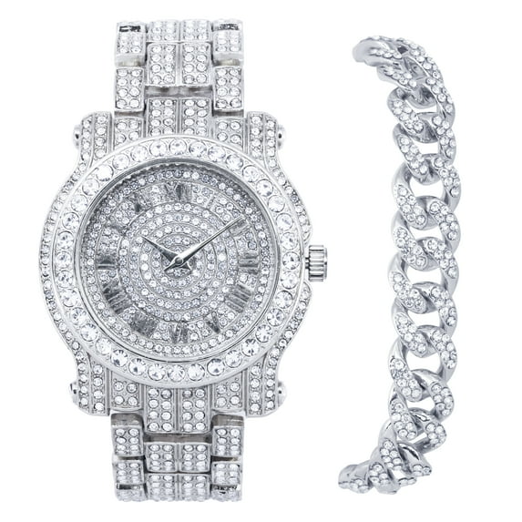 Men's Iced Diamond Watch with Roman Dial and Bling-ed Out Adjustable Metal Strap - Quartz Movement - Silver Watch and Bracelet Set