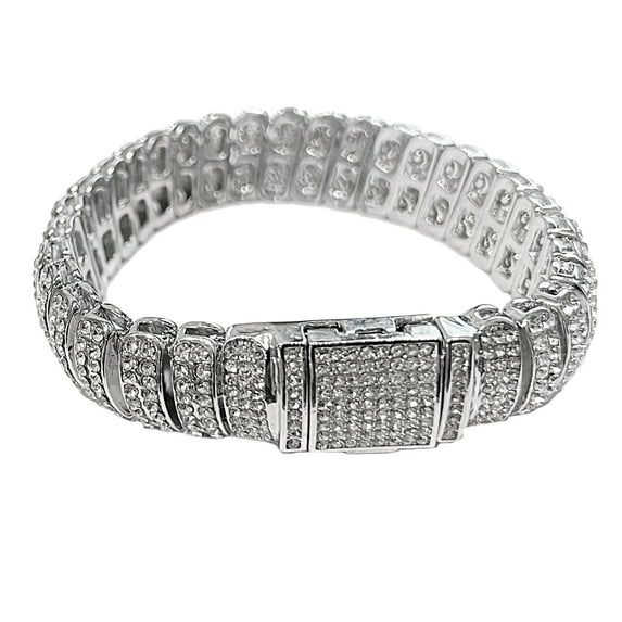 Men's Iced Dome Hip Hop Bracelet Simulated CZ Micro Pave Silver Tone 8.5" x 16MM Thick
