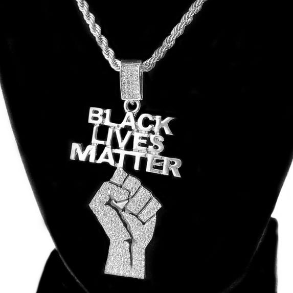 Men's Iced Fist Pendant Hip Hop Chain Black Lives Matter BLM Silver Tone Rope Necklace 24" Inch