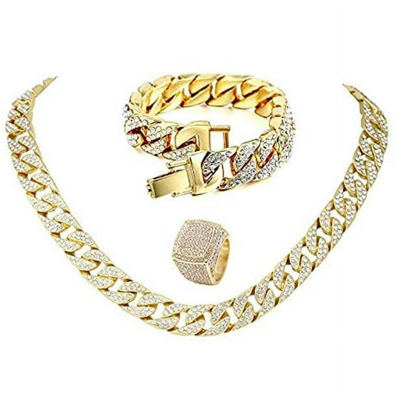 Men’s Iced Out Hip-Hop One Tone Bling Bling Rappers Cuban Link Chain Choker Necklace - CRN2020 (Gold, Ring Size 11, 18.0)