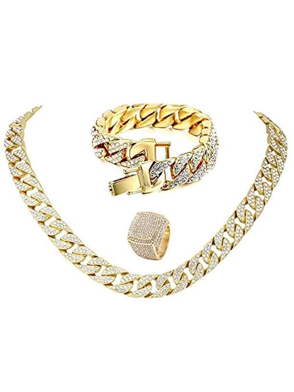 Men’s Iced Out Hip-Hop One Tone Bling Bling Rappers Cuban Link Chain Choker Necklace - CRN2020 (Gold, Ring Size 12, 20.0)