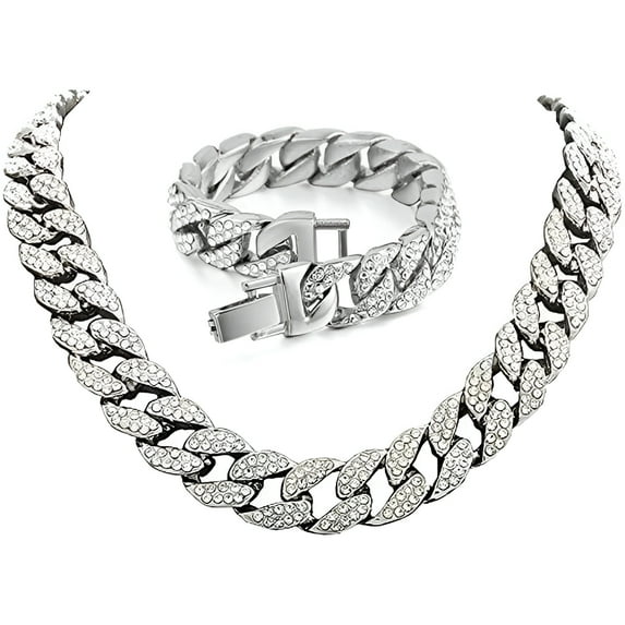 Men’s Iced Out Hip-Hop One Tone Bling Bling Rappers Cuban Link Chain Choker Necklace - CRN2020 (Silver, No Ring, 20.0)