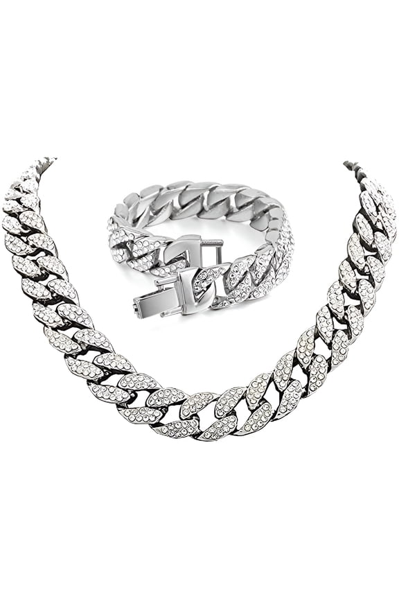 Men’s Iced Out Hip-Hop One Tone Bling Bling Rappers Cuban Link Chain Choker Necklace - CRN2020 (Silver, No Ring, 20.0)