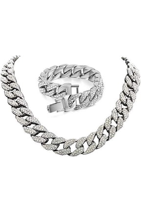 Men’s Iced Out Hip-Hop One Tone Bling Bling Rappers Cuban Link Chain Choker Necklace - CRN2020 (Silver, No Ring, 22.0)