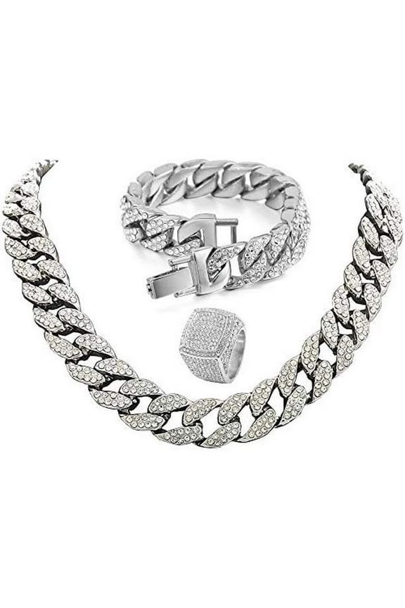Men’s Iced Out Hip-Hop One Tone Bling Bling Rappers Cuban Link Chain Choker Necklace - CRN2020 (Silver, Ring Size 10, 20.0)