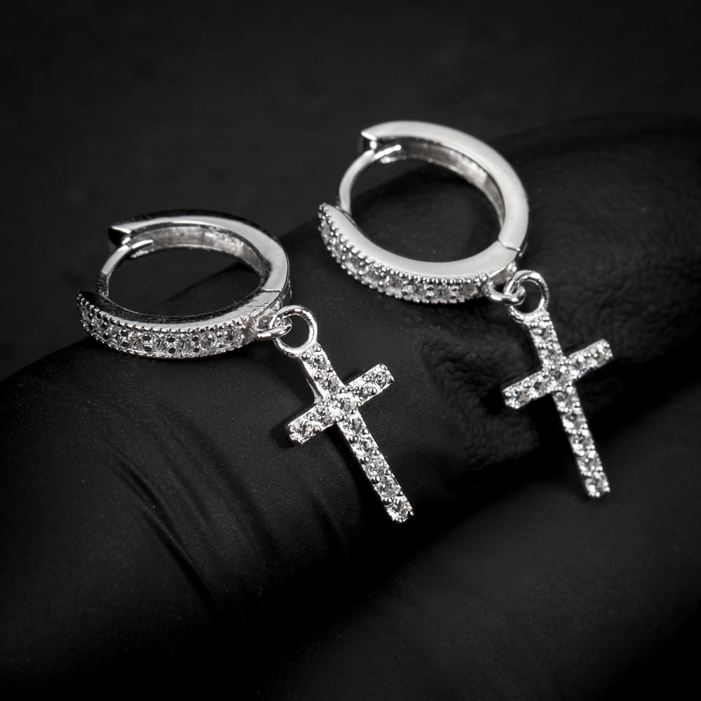 Men's Iced Sterling Silver Cz Small Cross Drop Dangle Huggie Hoop Earrings  