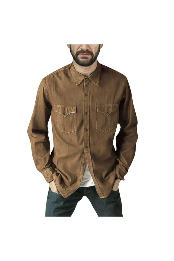 Men's Iconic Denim Shirt Retro Two Pocket Long Sleeve Button Shirt Solid Color Turndown Collar Blouse