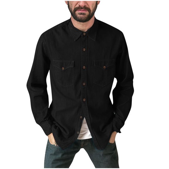 Men's Iconic Denim Shirt Retro Two Pocket Long Sleeve Button Shirt Solid Color Turndown Collar Blouse