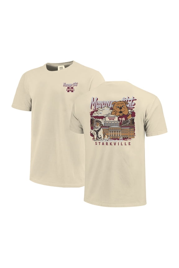Men's Image One Natural Mississippi State Bulldogs Comfort Colors Hand-Drawn Campus Stack T-Shirt