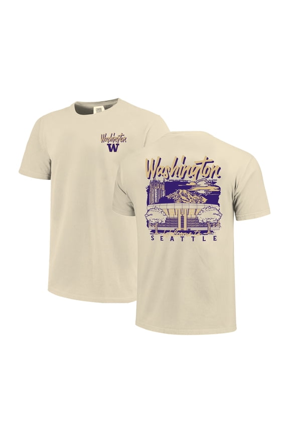 Men's Image One Natural Washington Huskies Comfort Colors Hand-Drawn Campus Stack T-Shirt