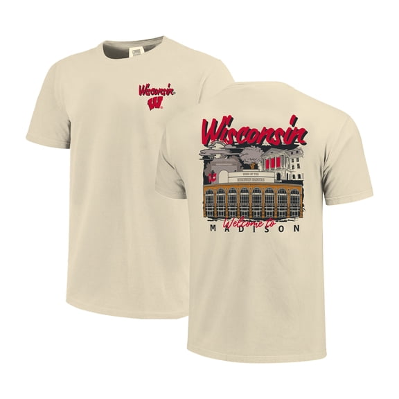 Men's Image One  Natural Wisconsin Badgers Comfort Colors Hand-Drawn Campus Stack T-Shirt