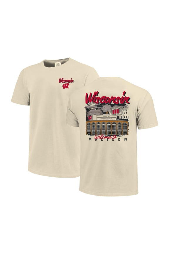 Men's Image One Natural Wisconsin Badgers Comfort Colors Hand-Drawn Campus Stack T-Shirt