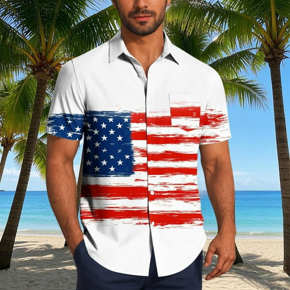 Men's Independence Day Button Shirt Fashion 4Th Of July Turndown Collar Blouse Casual Short Sleeve Button T-Shirts White XL