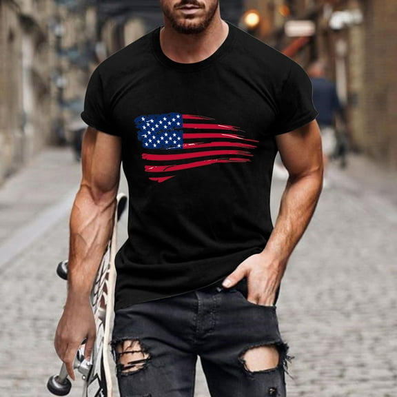 Men's Independence Day Cotton T-Shirt 4Th Of July States Flag Printed Blouse Loose Casual Short Sleeve Round Neck Pullover Tops Black M