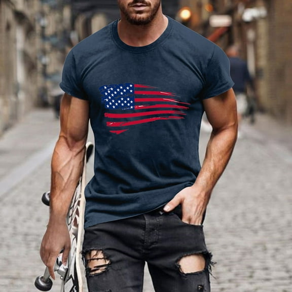 Men's Independence Day Cotton T-Shirt 4Th Of July States Flag Printed Blouse Loose Casual Short Sleeve Round Neck Pullover Tops Navy M