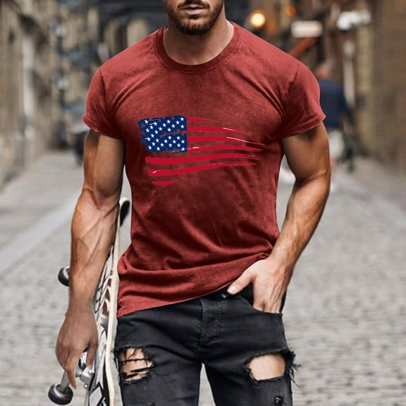Men's Independence Day Cotton T-Shirt 4Th Of July States Flag Printed Blouse Loose Casual Short Sleeve Round Neck Pullover Tops Red XXL