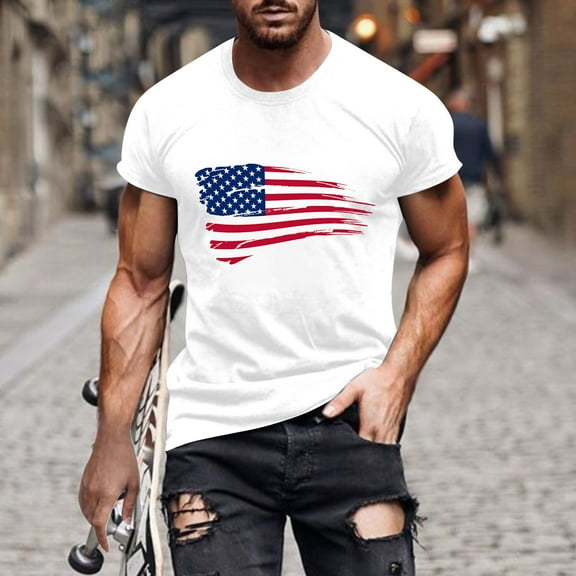 Men's Independence Day Cotton T-Shirt 4Th Of July States Flag Printed Blouse Loose Casual Short Sleeve Round Neck Pullover Tops White M