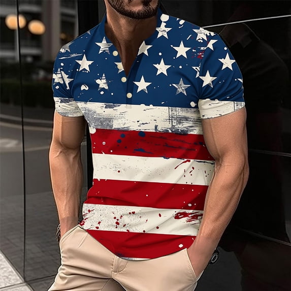 Men's Independence Day Patriotic T-Shirts Trendy American Flag Printed Button Tees Casual Short Sleeve Round Neck Blouses Tops Multicolor XXXL