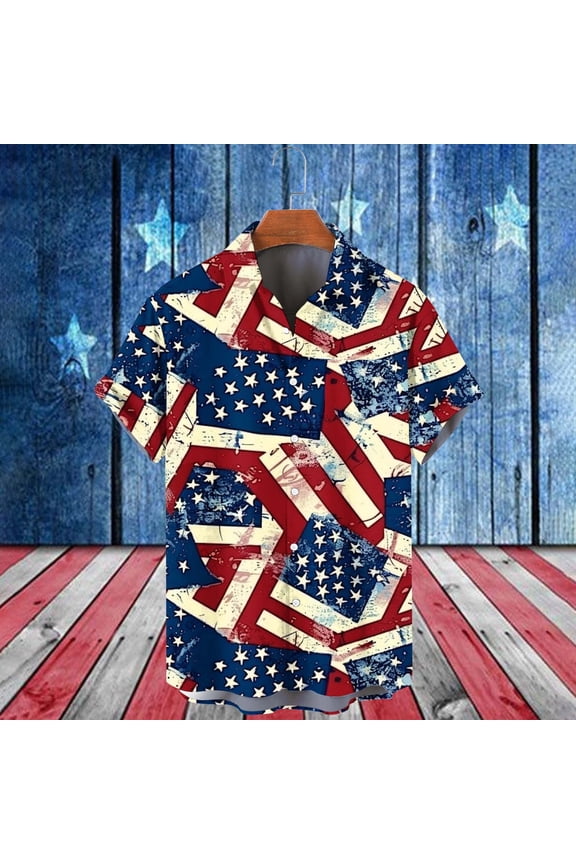 Men's Independence Day Shirts 4Th Of July Flag Printed Lapel Collar Tees Loose Casual Short Sleeved Tops Navy XL