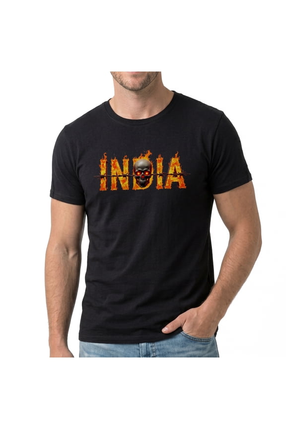 Men's India Skull Fire Design Print Graphic T-Shirt, Premium Cotton Short Sleeve Crew Neck Tee