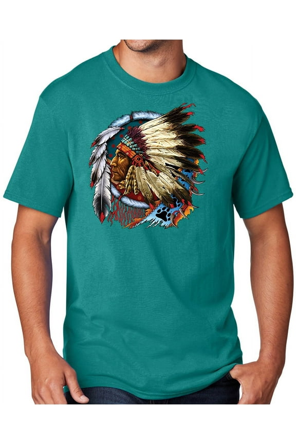 Men's Indian Chief Dreamcatcher Biker T-shirt, Small Bright Aqua Blue
