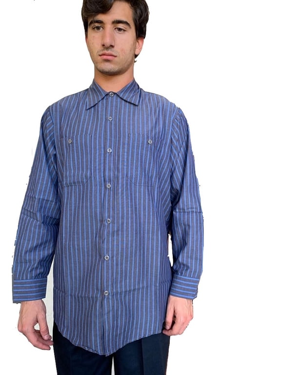Men's Industrial Shirt, Charcoal with Blue Stripe Long Sleeve Work Uniform Shirt, 65% Polyester, 35% Cotton