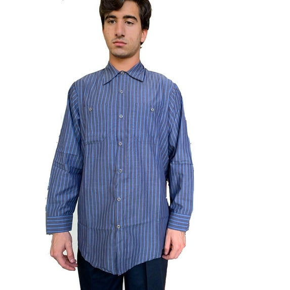 Men's Industrial Work Shirt, Charcoal with Blue Stripe Long Sleeve Uniform Shirt, 65% Polyester, 35% Cotton