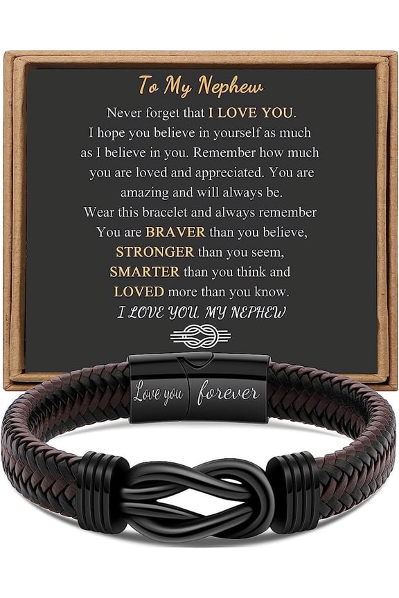 Men's Infinity Bracelet Dad Husband Boyfriend Son Grandson Brother Nephew Uncle Brown Woven Leather Stainless Steel Engraved Love You Forever