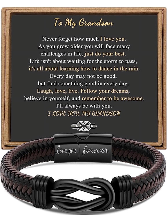 Men's Infinity Bracelet Dad Husband Boyfriend Son Grandson Brother Nephew Uncle Brown Woven Leather Stainless Steel Engraved Love You Forever