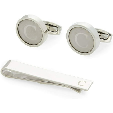 Men's Initial Cufflinks Set and Tie Clips with Gift Box, Alphabet Letter Monogram C
