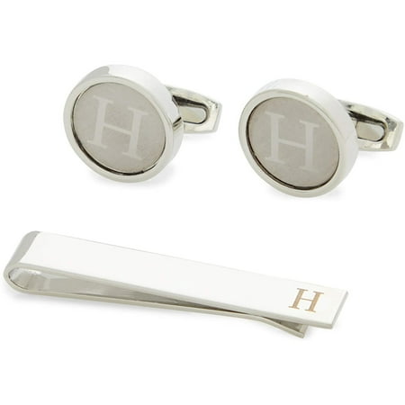 Men's Initial Cufflinks Set and Tie Clips with Gift Box, Alphabet Letter Monogram H