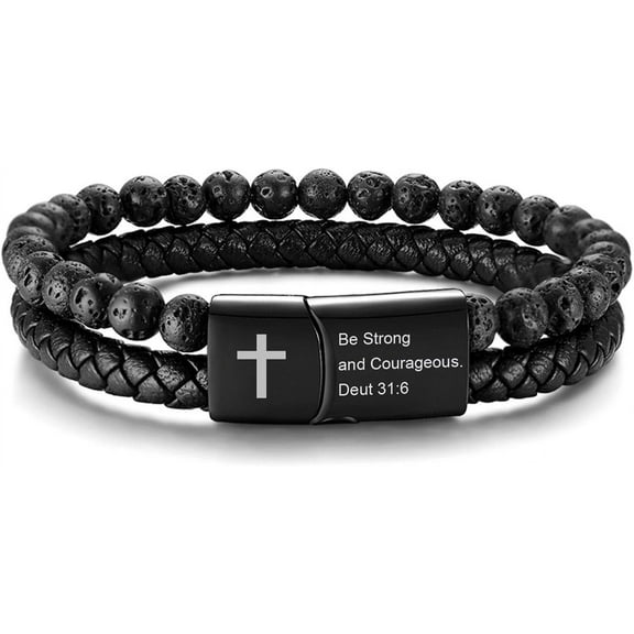 Men's Inspirational Bible Verse Bracelet Lava Stone Bead Bracelet Braided Leather Bracelet with Magnetic Clasp