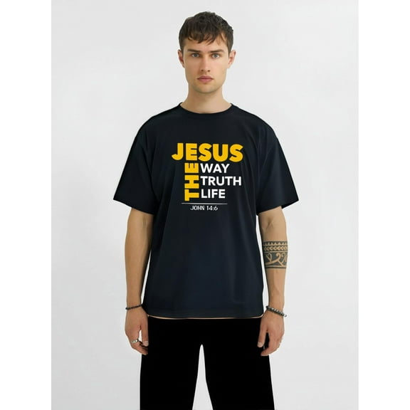 Men's Inspirational Graphic Tee - 'Jesus, The Way to Truth' John 14:6 Print | Casual & Comfortable Summer T-Shirt with Stretch Fabric | Machine Washable, Letter Pattern, Short Sleeve, AdventureFathe
