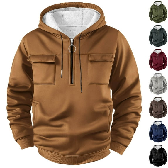 Men's Insulated Hooded Quarter-Zip, Men's Thermal Hooded Sweatshirt Solid Color Pullover Outdoor Hooded Sweatshirt Fleece Lined Hooded for Workout Gym Sports Running Outdoor Winter Jackets