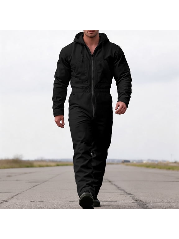 Men's Insulated Hooded Work Overalls Durable Coveralls for Men Relaxed Fit Jumpsuit Cold Weather Outdoor(Black,XL)