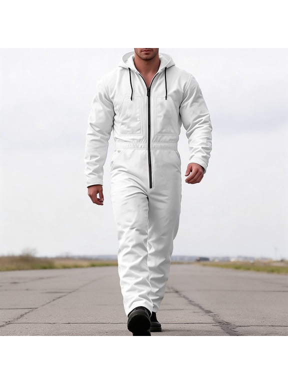 Men's Insulated Hooded Work Overalls Durable Coveralls for Men Relaxed Fit Jumpsuit Cold Weather Outdoor(White,XXL)