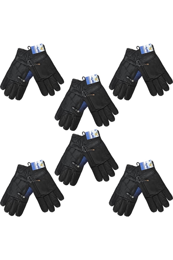 Men's Insulated Winter Ski Gloves, Water-Resistant Zipper Pocket & Adjustable Strap, Black, 6-Pack