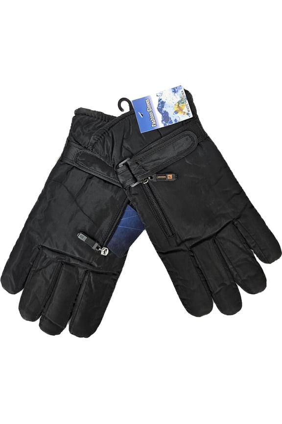 Men's Insulated Winter Ski Gloves, Water-Resistant Zipper Pocket & Adjustable Strap, Black